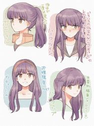 Rule 34 | 1girl, alternate hairstyle, blush, brown eyes, closed mouth, collarbone, embarrassed, expressionless, hairband, half updo, happy, highres, looking at viewer, looking away, multiple views, ponytail, portrait, school uniform, serafuku, seto taichi, smile, teruya fumika, two side up, world trigger