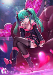 Rule 34 | 1girl, absurdres, aqua eyes, boots, butterfly hair ornament, commentary request, copyright name, couch, crossed legs, dated, duplicate, full body, garter straps, green hair, hair ornament, hatsune miku, heart, high heels, highres, honey whip (module), lace, lace-trimmed legwear, lace trim, long hair, oop, photoshop (medium), pixel-perfect duplicate, project diva (series), sitting, skirt, smile, solo, sweet devil (vocaloid), thighhighs, twintails, vocaloid