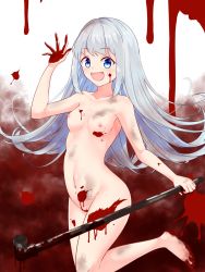 Rule 34 | 1girl, :d, artist request, barefoot, blood, blood on face, blood on feet, blood on hands, blood splatter, bloody weapon, blue eyes, breasts, highres, holding, leg up, long hair, looking at viewer, navel, nipples, nude, open mouth, original, silver hair, small breasts, smile, smoking pipe, solo, standing, waving, weapon