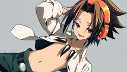 Rule 34 | 1boy, arm behind head, asada hachi, asakura yoh, belt, belt buckle, brown eyes, brown hair, buckle, collared shirt, commentary, dutch angle, green pants, grey background, headphones, highres, looking at viewer, male focus, medium hair, open clothes, open mouth, open shirt, pants, parted bangs, shaman king, shirt, simple background, smile, solo, white shirt