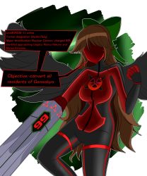 Rule 34 | arm cannon, bird wings, black bodysuit, black wings, bodysuit, bow, brown hair, clenched hand, drone, faceless, floating, green bow, hair bow, highres, long hair, mask, mime-control, mind control, multicolored bodysuit, multicolored clothes, radiation symbol, red bodysuit, reiuji utsuho, third eye, touhou, transformation, weapon, wings