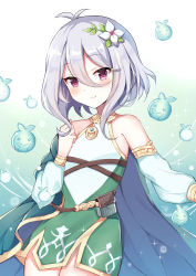 Rule 34 | 1girl, absurdres, antenna hair, bare shoulders, closed mouth, commentary request, detached sleeves, feng mao mc, flower, hair between eyes, hair flower, hair ornament, highres, kokkoro (princess connect!), looking at viewer, pink eyes, princess connect!, short hair, silver hair, smile, solo, white sleeves