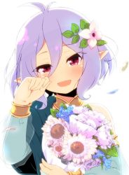 Rule 34 | 1girl, antenna hair, backlighting, blush, bouquet, bracelet, collar, dress, flower, green dress, green sleeves, hair between eyes, hair flower, hair ornament, head tilt, highres, holding, holding bouquet, jewelry, kokkoro (princess connect!), looking at viewer, petals, pointy ears, princess connect!, red eyes, see-through, see-through sleeves, short hair, silver hair, simple background, solo, sw (taco), tearing up, tears, upper body, white background, wiping tears