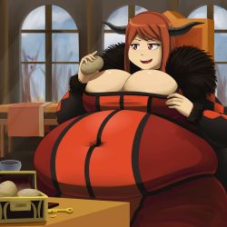 Rule 34 | 10s, 1girl, :d, blush, breasts, brown hair, chair, cleavage, covered navel, demon horns, dress, fake horns, fat, highres, horns, huge breasts, key, long hair, maou (maoyuu), maoyuu maou yuusha, metalforever, obese, open mouth, potato, reclining, red eyes, smile, smug, solo, taut clothes, treasure chest, weight gain