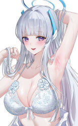 Rule 34 | 1girl, arm up, armpits, blue archive, blush, bra, breasts, cleavage, collarbone, grey hair, halo, highres, large breasts, lichiko, long hair, looking at viewer, mechanical halo, noa (blue archive), presenting armpit, purple eyes, simple background, smile, solo, straight hair, underwear, upper body, very long hair, white background, white bra