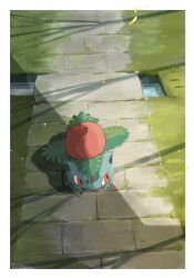 Rule 34 | border, bulbasaur, claws, commentary, creatures (company), day, english commentary, flower, game freak, gen 1 pokemon, highres, leaf, momota pix, nintendo, no humans, outdoors, path, pokemon, pokemon (creature), red eyes, red flower, road, shade, shadow, stone walkway, white border