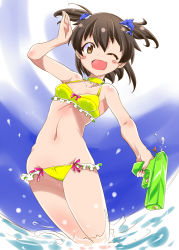 Rule 34 | 10s, 1girl, ;d, battle girl high school, bikini, blush stickers, bow, bow bikini, breasts, brown eyes, brown hair, dolphin hair ornament, fang, frilled bikini, frills, kanoe (gallery walhalla), looking at viewer, minami hinata, one eye closed, open mouth, partially submerged, short hair, short twintails, small breasts, smile, solo, swimsuit, twintails, wading, water, water gun, yellow bikini