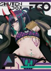 Rule 34 | 1girl, arms up, b.d, bikini, black jacket, bob cut, breasts, character name, fate/grand order, fate (series), highres, horns, jacket, long sleeves, looking at viewer, navel, oni, pointy ears, purple bikini, short eyebrows, short hair, shuten douji (fate), skin-covered horns, small breasts, smile, solo, swimsuit, tattoo