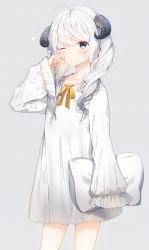 Rule 34 | 1girl, ahoge, blue eyes, blush, braid, closed mouth, collarbone, commentary request, curled horns, dress, grey background, hair between eyes, hair over shoulder, hand up, highres, hiiragi souren, holding, holding pillow, horns, long hair, long sleeves, neck ribbon, original, pillow, puffy long sleeves, puffy sleeves, ribbon, rubbing eyes, sheep horns, silver hair, simple background, sleepy, sleeves past wrists, solo, twin braids, white dress, yellow ribbon