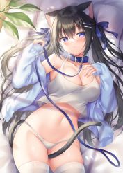 Rule 34 | 1girl, absurdres, animal ear fluff, animal ears, bed sheet, between legs, black hair, blouse, blue eyes, blue shirt, blush, breasts, cat ears, cat girl, cat tail, cleavage, closed mouth, collar, commentary request, hair between eyes, hair ribbon, highres, leaf, light smile, long hair, looking at viewer, lying, medium breasts, navel, on back, open clothes, open shirt, original, panties, ribbon, shiono (0303), shirt, solo, stomach, tail, tail between legs, tank top, thighhighs, underwear, white panties, white thighhighs