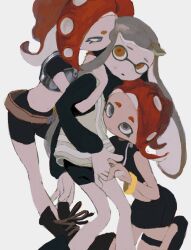 Rule 34 | 3girls, bangle, bike shorts, black shorts, black skirt, bracelet, crop top, dr mice, grey background, grey eyes, grey hair, high-visibility vest, inkling, inkling girl, inkling player character, jewelry, long hair, multiple girls, nintendo, octoling, octoling girl, octoling player character, orange eyes, parted lips, red hair, shoes, shorts, simple background, skirt, splatoon (series), sweat, tentacle hair, thigh strap