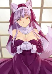 Rule 34 | 1girl, animal ears, blush, breasts, cleavage, closed mouth, cowboy shot, cross, cross necklace, detached sleeves, dress, gloves, habit, highres, jewelry, large breasts, long hair, looking at viewer, necklace, nun, orange eyes, original, own hands clasped, own hands together, purple dress, silver hair, smile, solo, strapless, strapless dress, tail, wee, white gloves, wolf ears, wolf tail