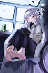 Rule 34 | 1girl, absurdres, barefoot, black gloves, blue archive, blue hairband, blush, can, commentary, earclip, energy drink, feet, flower, furrowed brow, gloves, grey hair, hair flower, hair ornament, hair tubes, hairband, halo, hand on own chin, highres, himari (blue archive), indoors, jacket, knees up, long hair, long sleeves, looking at viewer, mole, mole under eye, monitor, multiple monitors, nyanbutter, pants, pointy ears, purple eyes, sitting, soles, solo, striped clothes, striped hairband, stroking own chin, sweatdrop, tight clothes, tight pants, toenails, toes, wheelchair, white flower, white jacket