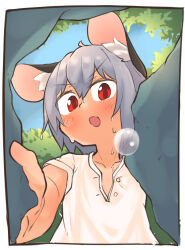 Rule 34 | 1girl, :o, animal ear fluff, animal ears, blue sky, blush, border, canopy (forest), commentary request, flat chest, from below, greenpiecerice, grey hair, hair between eyes, highres, looking at viewer, medium bangs, mouse ears, mouse girl, nazrin, open mouth, outdoors, red eyes, shirt, short hair, sky, solo, sweat, sweatdrop, touhou, tree, upper body, v-shaped eyebrows, white border, white shirt