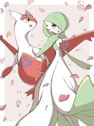 Rule 34 | bob cut, claws, colored skin, creatures (company), dragon, dress, falling petals, game freak, gardevoir, gen 3 pokemon, green hair, hair over one eye, highres, latias, legendary pokemon, multicolored skin, nintendo, open mouth, petals, pink background, pink eyes, pokemon, pokemon (creature), shabana may, signature, simple background, smile, two-tone skin, white dress, white skin, yellow eyes