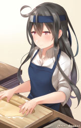 Rule 34 | 1girl, apron, bad id, bad pixiv id, baking, blush, breasts, closed mouth, collared shirt, commentary request, dress shirt, hatsushimo (kancolle), juurouta, kantai collection, long hair, rolling pin, shirt, smile, solo, twitter username, white shirt, wing collar
