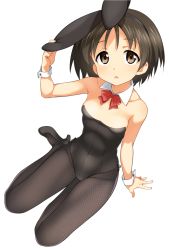 Rule 34 | 10s, 1girl, :o, adjusting clothes, animal ears, arm up, bare arms, bare shoulders, black footwear, black hair, black hairband, black leotard, black ribbon, bow, bowtie, breasts, breasts apart, brown eyes, brown hair, collarbone, detached collar, fake animal ears, foreshortening, from above, full body, girls und panzer, hairband, hatakenaka (kamagabuchi), high heels, highres, invisible chair, leotard, looking at viewer, looking up, maruyama saki, open mouth, pantyhose, playboy bunny, rabbit ears, red bow, red bowtie, ribbon, shoes, short hair, side-tie leotard, simple background, sitting, small breasts, solo, strapless, strapless leotard, tareme, wing collar, wrist cuffs