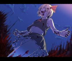 Rule 34 | 1girl, aritoki ritsu, blonde hair, blood, blood in mouth, blood on clothes, blood on face, blood on hands, bow, cloud, frilled skirt, frills, hair ribbon, laughing, letterboxed, long sleeves, night, night sky, open mouth, panties, pantyshot, red eyes, ribbon, rumia, shirt, short hair, skirt, skirt set, sky, smile, solo, touhou, underwear, upskirt, vest, white shirt