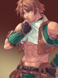 Rule 34 | 1boy, abs, adventurer (ff11), bare shoulders, belt, black belt, black gloves, blood, blood on mouth, blue eyes, brown hair, closed mouth, final fantasy, final fantasy xi, fingerless gloves, gloves, gradient background, hair between eyes, hand on own hip, hand up, highres, hume, lifting own clothes, male focus, navel, nipples, open clothes, open vest, shirt, short hair, solo, thief (final fantasy), twitter username, vest, white shirt, wiping blood, yuccoshi
