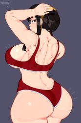 Rule 34 | 1girl, absurdres, ass, black hair, breasts, from behind, gym shorts, highres, huge ass, muscular, muscular female, nezulet, shorts, sideboob, sports bra, spy x family, yor briar