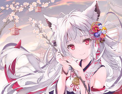 Rule 34 | 1girl, animal ear fluff, animal ears, architecture, bare shoulders, branch, breasts, closed mouth, cloud, commentary request, day, detached sleeves, east asian architecture, flower, fox ears, hair between eyes, hands up, highres, holding, holding branch, japanese clothes, kimono, long hair, long sleeves, looking at viewer, original, outdoors, red eyes, ribbon trim, sky, small breasts, smile, solo, tenmu shinryuusai, upper body, very long hair, white flower, white hair, white kimono, white sleeves, wide sleeves