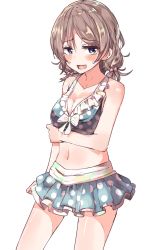 Rule 34 | 10s, 1girl, bikini, bikini skirt, blue eyes, blush, bow, breast hold, breasts, brown hair, cleavage, collarbone, commentary request, cowboy shot, eyebrows, front-tie top, grey hair, hair bow, hair ribbon, highres, love live!, love live! school idol festival, love live! sunshine!!, medium breasts, navel, open mouth, polka dot, polka dot bikini, popii (yuuta679), ribbon, short hair, short twintails, simple background, solo, sweatdrop, swimsuit, twintails, watanabe you, white background