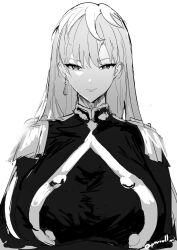 absurdres aged_up alternate_hair_length alternate_hairstyle anti-demon_corps_uniform artist_name breasts buttons earrings greyscale highres izumo_tenka jewelry large_breasts looking_at_viewer mato_seihei_no_slave military_uniform monochrome multicolored_hair porroll signature simple_background sketch tassel tassel_earrings two-tone_hair upper_body white_background