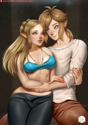 Rule 34 | 1boy, 1girl, absurdres, bare arms, black pants, blue bra, blush, bra, braid, breasts, brown pants, cleavage, couple, cowboy shot, didi esmeralda, grey eyes, highres, holding another&#039;s arm, link, long hair, long sleeves, looking at another, low ponytail, medium breasts, medium hair, midriff, nintendo, open pants, pants, parted bangs, parted lips, princess zelda, shirt, sidelocks, smile, the legend of zelda, the legend of zelda: breath of the wild, underwear, white shirt