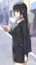 Rule 34 | 1girl, anteiru, bag, between breasts, black choker, black dress, black hair, black nails, blurry, blurry background, bocchi the rock!, breasts, cellphone, chin piercing, choker, colored inner hair, day, dress, ear piercing, expressionless, facing to the side, from side, green eyes, hand up, handbag, highres, hime cut, holding, holding phone, large breasts, long hair, looking at phone, looking down, multicolored hair, outdoors, pa-san, people, phone, piercing, purple hair, road, smartphone, solo focus, straight hair, strap between breasts, street, two-tone hair