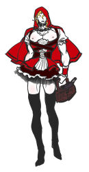 Rule 34 | 1boy, basket, black thighhighs, blonde hair, bottle, cape, cosplay, dio brando, faceless, faceless male, full body, holding, holding basket, huang lia, jojo no kimyou na bouken, lips, little red riding hood, little red riding hood (grimm), little red riding hood (grimm) (cosplay), male focus, muscular, muscular male, nipples, pectorals, picnic basket, red cape, solo, thighhighs