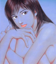 Rule 34 | 1990s (style), 1girl, artist name, breasts, brown eyes, brown hair, family compo, fingernails, gradient background, hand on own knee, highres, houjou tsukasa, hugging own legs, knees up, lipstick, long hair, looking at viewer, makeup, nude, official art, retro artstyle, scan, simple background, smile, solo, wakanae shion
