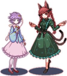 Rule 34 | 2girls, animal ears, black bow, black footwear, blue shirt, bow, braid, cat ears, cat tail, closed mouth, dress, extra ears, fang, full body, green dress, hair bow, kaenbyou rin, komeiji satori, long hair, long sleeves, looking at viewer, lowres, multiple girls, multiple tails, nekomata, open mouth, pink shirt, pixel art, purple eyes, purple hair, red eyes, red footwear, red hair, shirt, short hair, side braids, simple background, smile, standing, tail, third eye, touhou, transparent background, twin braids, two tails, unk kyouso, wide sleeves