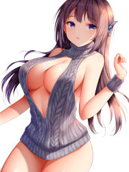 Rule 34 | 1girl, aran sweater, backless dress, backless outfit, bare shoulders, blush, breasts, butterfly hair ornament, cable knit, center opening, cleavage, dress, hair between eyes, hair ornament, halterneck, hand up, highres, large breasts, long hair, looking at viewer, meme attire, naked sweater, open mouth, original, purple eyes, purple hair, purple sweater, sideboob, simple background, sleeveless, solo, sweater, sweater dress, turtleneck, turtleneck sweater, virgin killer sweater, white background, wristband, wsman