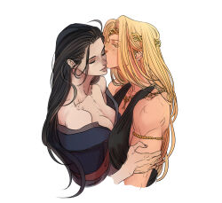 Rule 34 | 2girls, armlet, bare arms, bare shoulders, black dress, black hair, blonde hair, blue dress, breasts, cleavage, closed eyes, dress, elden ring, gold diadem, gold necklace, hand on another&#039;s shoulder, highres, jewelry, kiss, kissing cheek, long hair, marceline2174, medium breasts, multiple girls, necklace, queen marika the eternal, rennala queen of the full moon, sleeveless, sleeveless dress, yuri