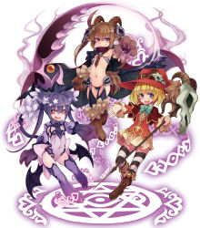 Rule 34 | 3girls, :d, animal ears, animal hands, baphomet (monster girl encyclopedia), blonde hair, blush, blush stickers, boots, bow, bowtie, breasts, brown hair, cape, claws, covered erect nipples, covered navel, demon girl, demon wings, familiar (monster girl encyclopedia), fang, flat chest, fur, hair ornament, hat, highres, hooves, horns, kenkou cross, knee boots, leotard, long hair, looking at viewer, magic circle, monster girl, monster girl encyclopedia, multiple girls, navel, official art, open mouth, outstretched arm, petite, purple eyes, purple hair, red eyes, scythe, short hair, simple background, skull, skull hair ornament, small breasts, smile, smirk, staff, star-shaped pupils, star (symbol), star hair ornament, striped clothes, striped legwear, striped thighhighs, symbol-shaped pupils, tail, thighhighs, twintails, white background, wings, witch (monster girl encyclopedia), witch hat