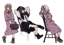 Rule 34 | 2girls, basket, black capelet, black eyes, black footwear, black hair, black headwear, black necktie, blonde hair, boots, brown footwear, capelet, chair, chinese commentary, chromatic aberration, closed mouth, collared dress, collared shirt, commentary request, dress, film grain, hat, highres, holding, holding basket, lace trim, long hair, long sleeves, maribel hearn, mob cap, multiple girls, multiple views, necktie, on chair, pink dress, shirt, short hair, simple background, sitting, socks, touhou, transparent background, usami renko, usamisatori, white headwear, white shirt, white socks, yellow eyes