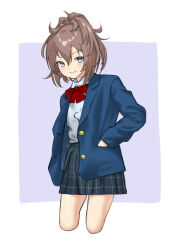 Rule 34 | 1girl, absurdres, blue jacket, bow, bowtie, brown hair, closed mouth, collared shirt, cropped legs, hair between eyes, hand in pocket, highres, jacket, kantai collection, long sleeves, looking at viewer, plaid clothes, plaid skirt, pleated skirt, ponytail, purple eyes, red bow, red bowtie, school uniform, sheffield (kancolle), shirt, simple background, skirt, solo, two-tone background, yamano rita