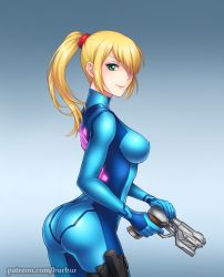 Rule 34 | 1girl, arched back, ass, blonde hair, blue background, bodysuit, breasts, burbur, butt crack, covered erect nipples, cowboy shot, from side, gradient background, green eyes, gun, hair over one eye, huge ass, impossible clothes, large breasts, latex, looking at viewer, looking back, metroid, metroid: other m, mole, mole under mouth, nintendo, patreon, ponytail, samus aran, shiny clothes, sideboob, skin tight, smile, solo, spandex, thigh strap, watermark, weapon, web address, zero suit