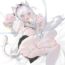 Rule 34 | 1girl, animal ear fluff, animal ears, animal hands, annlee, armpit crease, ass, azur lane, bare arms, bare shoulders, bell, black skirt, blouse, blue eyes, blush, breasts, cat ears, cat girl, cat tail, crop top, embarrassed, feet, frilled shirt, frills, frown, gloves, hairband, hammann (azur lane), hands up, highres, jingle bell, leg up, long hair, looking at viewer, midriff, miniskirt, no shoes, open mouth, panties, paw gloves, pleated skirt, shirt, skindentation, skirt, sleeveless, sleeveless shirt, small breasts, solo, stomach, tail, tears, thighhighs, thighs, toes, underwear, v-shaped eyebrows, white hair, white panties, white shirt, white thighhighs