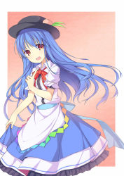 Rule 34 | 1girl, amemiya ruki, blue hair, cowboy shot, food, fruit, hat, highres, hinanawi tenshi, long hair, open mouth, out of frame, outside border, peach, pointing, red eyes, solo, touhou