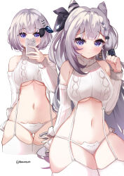 Rule 34 | 1girl, absurdres, blue eyes, bob cut, breasts, cellphone, cone hair bun, detached sleeves, grey garter straps, grey hair, grey panties, grey sleeves, grey sweater, grey thighhighs, hair bun, highres, holding, holding phone, hololive, hololive indonesia, long hair, looking at viewer, medium breasts, meme attire, navel, panties, phone, rokusketch, smartphone, solo, sweater, thighhighs, underwear, vestia zeta, virgin destroyer sweater, virtual youtuber