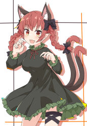 Rule 34 | 1girl, :3, :d, animal ear fluff, animal ears, black bow, bow, breasts, cat ears, cat tail, commentary, contrapposto, cowboy shot, dress, drop shadow, extra ears, fang, grey dress, hair bow, hair ribbon, hands up, highres, kaenbyou rin, large breasts, long hair, long sleeves, looking at viewer, multiple tails, nekomata, open mouth, paw pose, pointy ears, red eyes, red hair, ribbon, smile, solo, tail, tail raised, toramaru2001710, touhou, tress ribbon, two tails