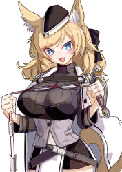 Rule 34 | 1girl, animal ear fluff, animal ears, arknights, black bow, black hat, black shirt, black shorts, blonde hair, blue eyes, blush, bow, breasts, bright pupils, cowboy shot, fang, garrison cap, hair bow, hat, highres, holding, holding whip, horse ears, horse girl, horse tail, large breasts, lolitamomoya, long hair, medium hair, open mouth, shirt, shorts, simple background, solo, tail, v-shaped eyebrows, whislash (arknights), white background, white pupils