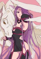 Rule 34 | 1girl, arm up, breasts, cleavage, cowboy shot, detached sleeves, dress, eyes visible through hair, facial mark, fate/stay night, fate (series), forehead mark, isshoku (shiki), long hair, looking at viewer, medusa (fate), medusa (rider) (fate), medusa (rider) (third ascension) (fate), parted lips, pegasus, pink background, purple eyes, purple hair, short dress, simple background, square pupils, standing, thighhighs, very long hair, yellow eyes