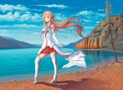 Rule 34 | 1girl, armor, asuna (sao), beach, blue sky, boots, braid, branch, breastplate, brown eyes, brown hair, cloud, cloudy sky, commentary, commission, cross, day, detached sleeves, english commentary, french braid, hayden mackenzie, highres, hill, lake, long hair, looking at viewer, ocean, outdoors, red skirt, shadow, sidelocks, skirt, sky, solo, sword art online, thigh boots, thighhighs, thighs, tree, very long hair, water, white thighhighs, zettai ryouiki