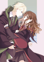 Rule 34 | 1boy, 1girl, black coat, black pants, black skirt, blonde hair, blue eyes, blunt bangs, brown eyes, brown hair, closed mouth, clothes grab, coat, collared shirt, cowboy shot, draco malfoy, eye contact, eyelashes, green necktie, gryffindor, hand on own chest, harry potter (series), hermione granger, highres, hogwarts school uniform, holding, holding wand, hood, hood down, imminent hug, long hair, long sleeves, looking at another, miniskirt, necktie, pants, parted lips, pleated skirt, red necktie, school uniform, shi er xian, shirt, short hair, skirt, sleeves past wrists, slytherin, two-sided coat, two-sided fabric, wand, wavy hair, white shirt, wide sleeves, wizarding world