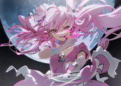 Rule 34 | 1girl, ahoge, biting, blood, bow, clenched teeth, commentary, dress, frilled dress, frills, hair bow, hatsune miku, holding, holding wand, long hair, looking at viewer, magical girl, mahou shoujo to chokorewito (vocaloid), pink blood, pink bow, pink dress, pink eyes, pink hair, puffy short sleeves, puffy sleeves, rumoon, short sleeves, solo, teeth, twintails, very long hair, vocaloid, wand