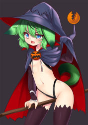 Rule 34 | 1girl, animal ears, blue eyes, blush, breasts, broom, broom riding, cameltoe, cape, chestnut mouth, criss-cross halter, dog ears, dog tail, fang, gauntlets, green hair, halloween, halloween costume, halterneck, halterneck, hat, highleg, highleg panties, highres, jack-o&#039;-lantern, navel, original, panties, purple thighhighs, revealing clothes, small breasts, solo, string panties, sweat, tail, thighhighs, underboob, underwear, witch, witch hat, wolflong
