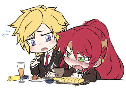 Rule 34 | 1boy, 1girl, blonde hair, blue eyes, blush, chibi, chopsticks, circlet, commentary request, crying, crying with eyes open, cup, flying sweatdrops, green eyes, hair between eyes, ishikane aoi, jaune arc, long hair, long sleeves, open mouth, plate, ponytail, pyrrha nikos, red hair, rwby, school uniform, simple background, tears, tongue, white background