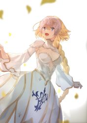 Rule 34 | 1girl, blonde hair, blue eyes, braid, braided ponytail, breasts, dress, falling leaves, fate/apocrypha, fate/grand order, fate (series), hair between eyes, highres, jeanne d&#039;arc (fate), jeanne d&#039;arc (lostroom outfit) (fate), jeanne d&#039;arc (ruler) (fate), kabutomushi s, leaf, long hair, open mouth, simple background, solo, white background, white dress